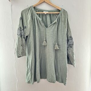 J Jill Womens Boho Top Size M Green Embroidered Tunic Casual Southwestern Cotton